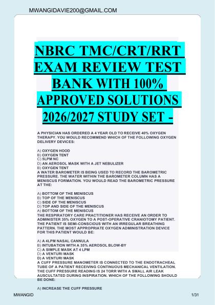 NBRC TMC/CRT/RRT  EXAM REVIEW TEST  BANK WITH 100%  APPROVED SOLUTIONS  2026/2027 STUDY SET - 