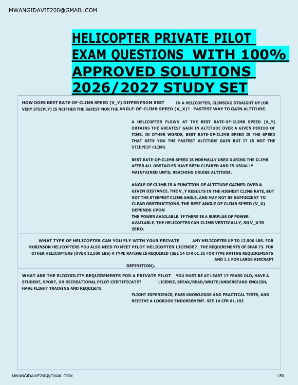 HELICOPTER PRIVATE PILOT  EXAM QUESTIONS  WITH 100%  APPROVED SOLUTIONS  2026/2027 STUDY SET 