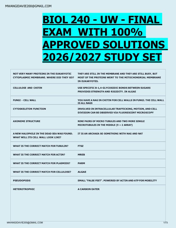 BIOL 240 - UW - FINAL  EXAM  WITH 100%  APPROVED SOLUTIONS  2026/2027 STUDY SET 