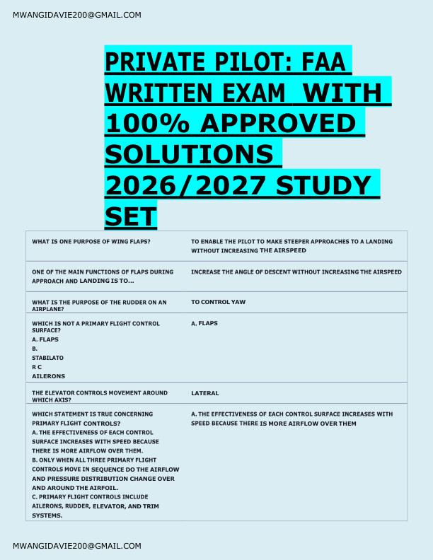   PRIVATE PILOT: FAA  WRITTEN EXAM  WITH  100% APPROVED  SOLUTIONS  2026/2027 STUDY  SET 