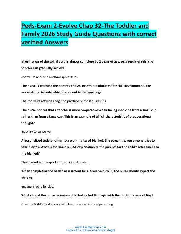 N3Peds-Exam 2-Evolve Chap 32-The Toddler and  Family 2026 Study Guide Questions with correct  verified Answers 