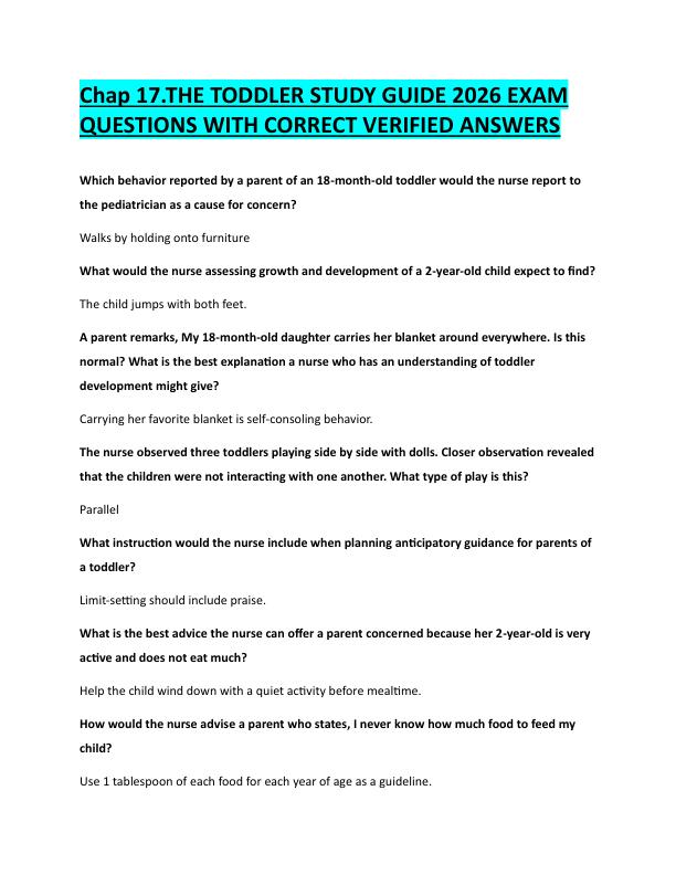 N1Chap 17.THE TODDLER STUDY GUIDE 2026 EXAM  QUESTIONS WITH CORRECT VERIFIED ANSWERS 