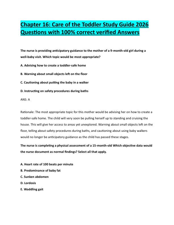 N4Chapter 16: Care of the Toddler Study Guide 2026  Questions with 100% correct verified Answers 