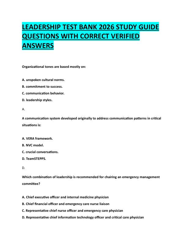 N80LEADERSHIP TEST BANK 2026 STUDY GUIDE  QUESTIONS WITH CORRECT VERIFIED  ANSWERS 