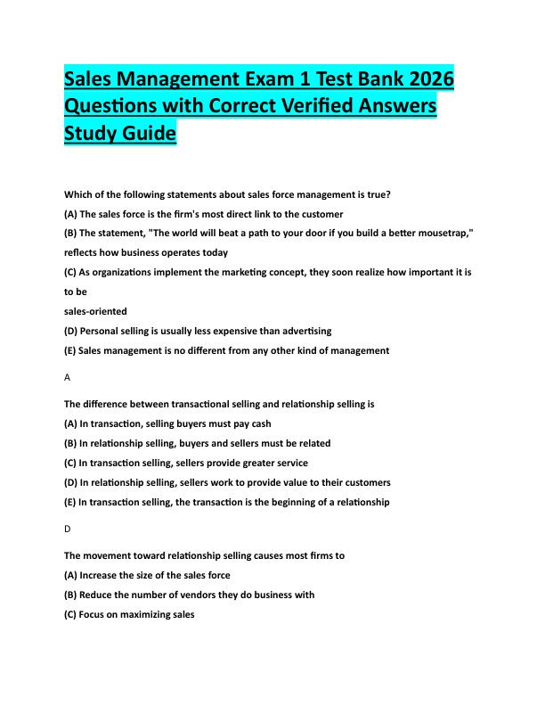 N76Sales Management Exam 1 Test Bank 2026  Questions with Correct Verified Answers  Study Guide 