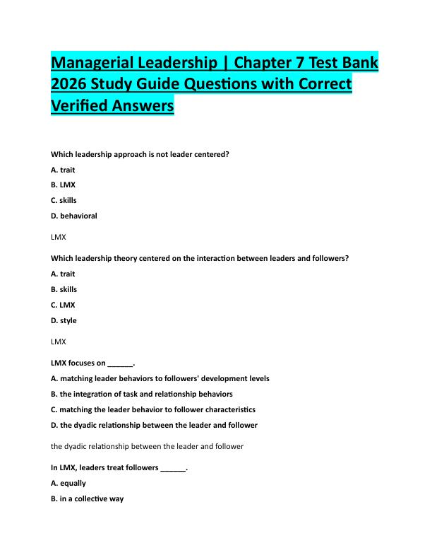 N78Managerial Leadership | Chapter 7 Test Bank  2026 Study Guide Questions with Correct  Verified Answers 