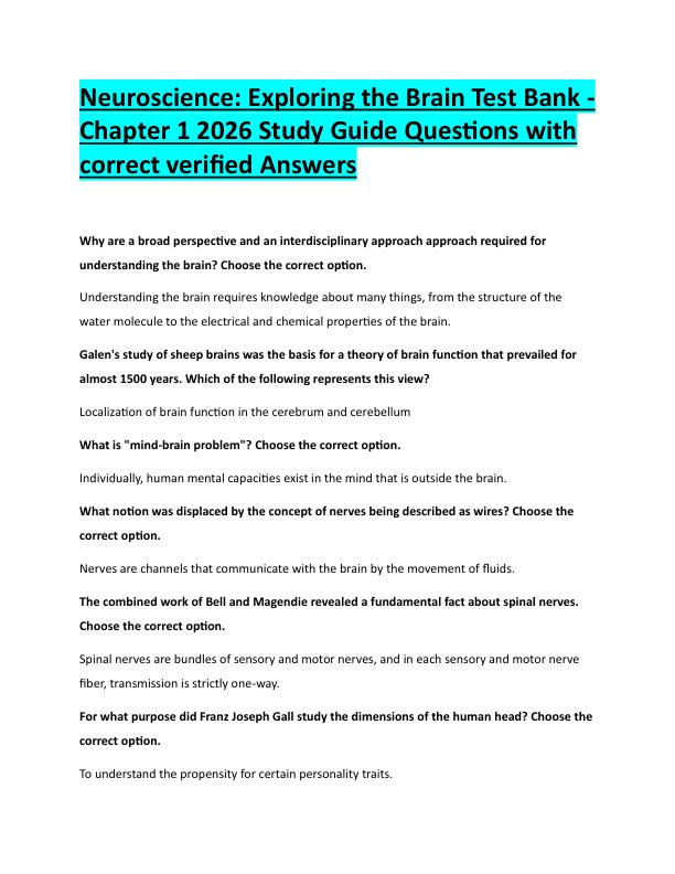 N85Neuroscience: Exploring the Brain Test Bank -  Chapter 1 2026 Study Guide Questions with  correct verified Answers 