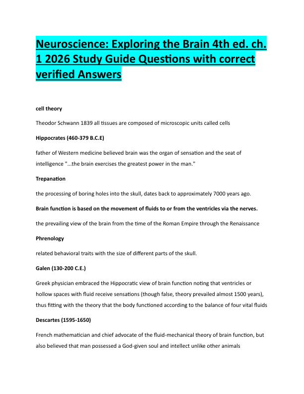 N86Neuroscience: Exploring the Brain 4th ed. ch.  1 2026 Study Guide Questions with correct  verified Answers 