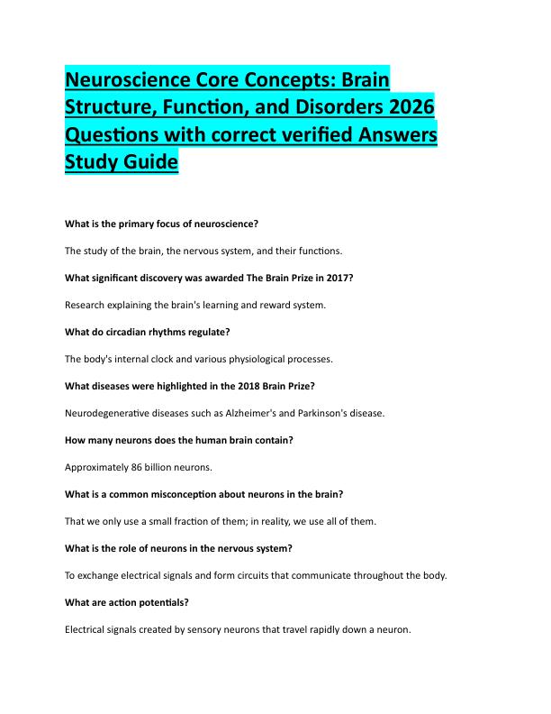 N87Neuroscience Core Concepts: Brain  Structure, Function, and Disorders 2026  Questions with correct verified Answers  Study Guide 