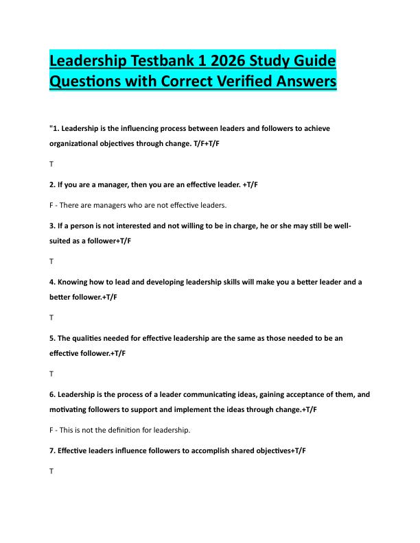 N81Leadership Testbank 1 2026 Study Guide  Questions with Correct Verified Answers 