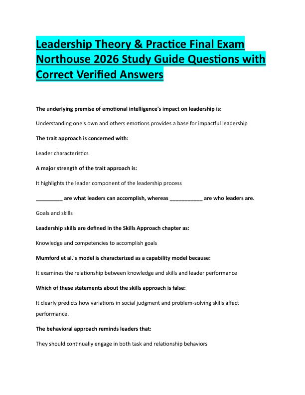 N82Leadership Theory & Practice Final Exam  Northouse 2026 Study Guide Questions with  Correct Verified Answers