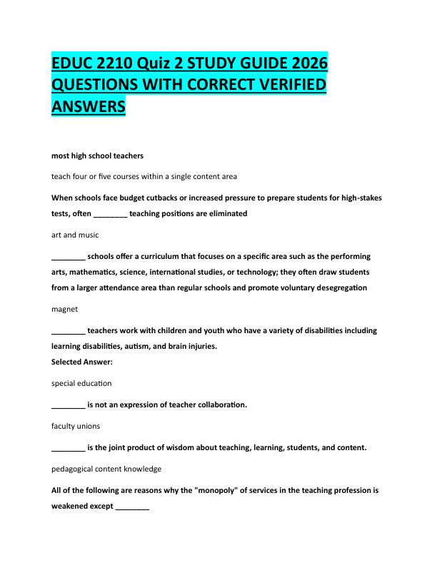 N98EDUC 2210 Quiz 2 STUDY GUIDE 2026  QUESTIONS WITH CORRECT VERIFIED  ANSWERS 