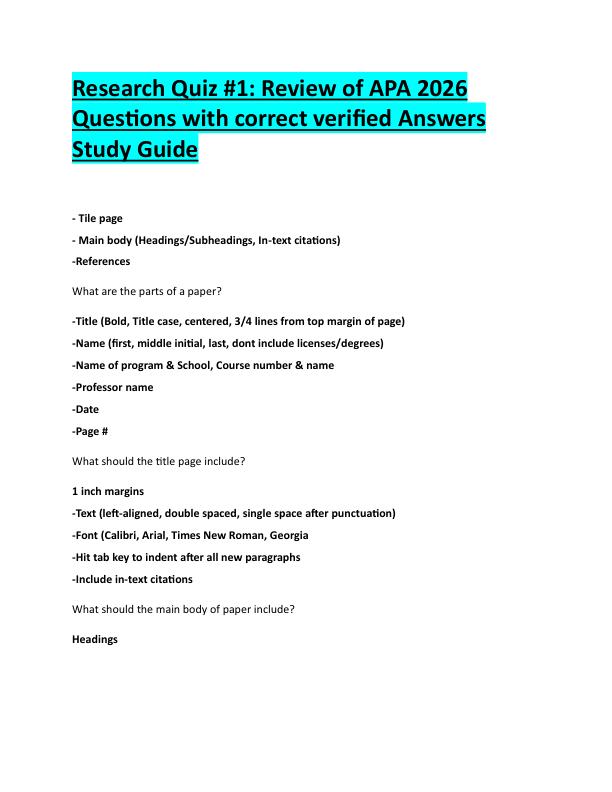 N97Research Quiz #1: Review of APA 2026  Questions with correct verified Answers  Study Guide 