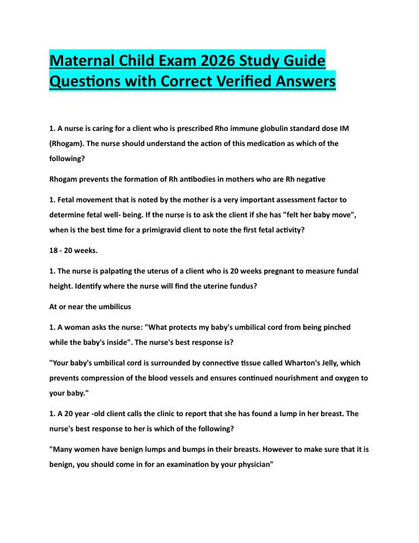 N118Maternal Child Exam 2026 Study Guide  Questions with Correct Verified Answers 