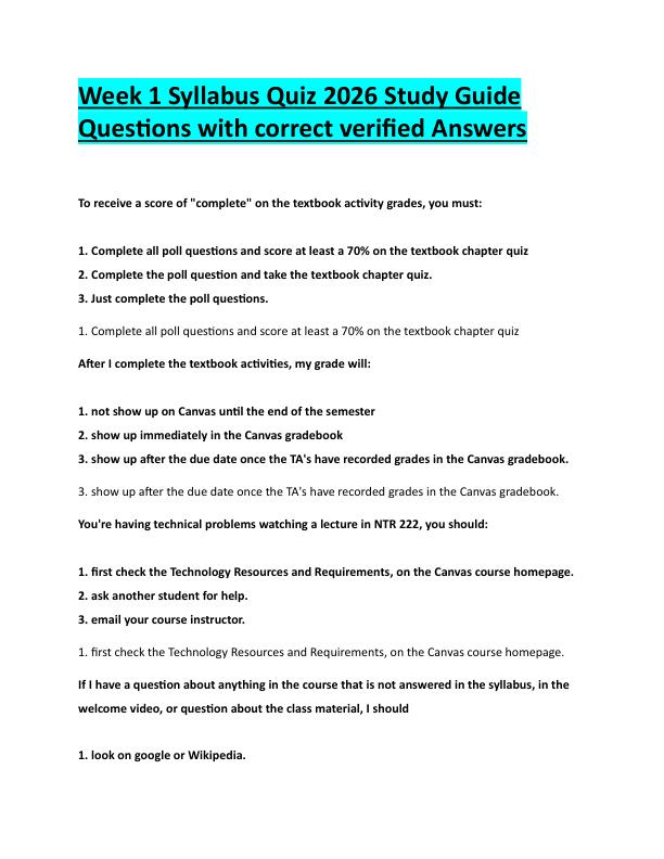 N103Week 1 Syllabus Quiz 2026 Study Guide  Questions with correct verified Answers 
