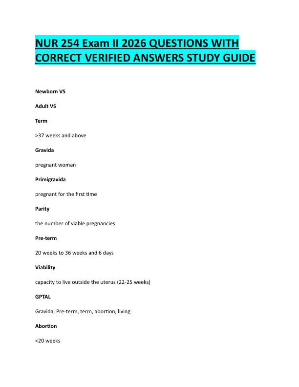 N92NUR 254 Exam II 2026 QUESTIONS WITH  CORRECT VERIFIED ANSWERS STUDY GUIDE 