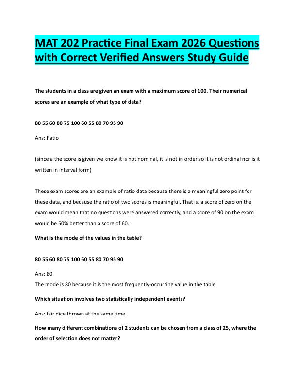 N107MAT 202 Practice Final Exam 2026 Questions  with Correct Verified Answers Study Guide 