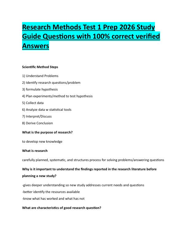 N95Research Methods Test 1 Prep 2026 Study  Guide Questions with 100% correct verified  Answers 