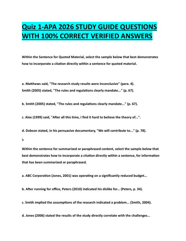 N96Quiz 1-APA 2026 STUDY GUIDE QUESTIONS  WITH 100% CORRECT VERIFIED ANSWERS