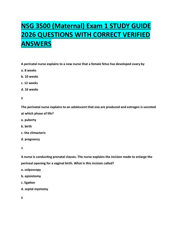N117NSG 3500 (Maternal) Exam 1 STUDY GUIDE  2026 QUESTIONS WITH CORRECT VERIFIED  ANSWERS 