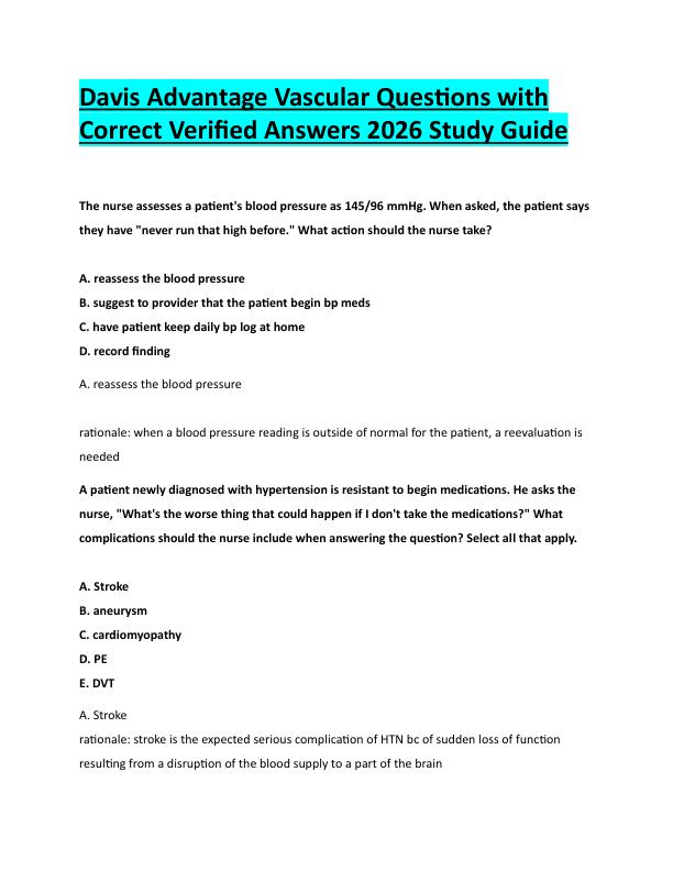 N116Davis Advantage Vascular Questions with  Correct Verified Answers 2026 Study Guide 