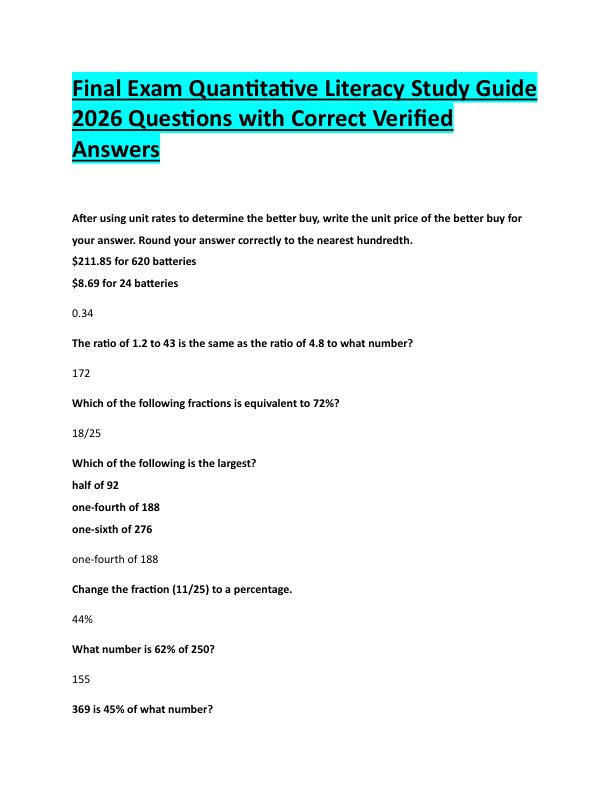 N106Final Exam Quantitative Literacy Study Guide  2026 Questions with Correct Verified  Answers 
