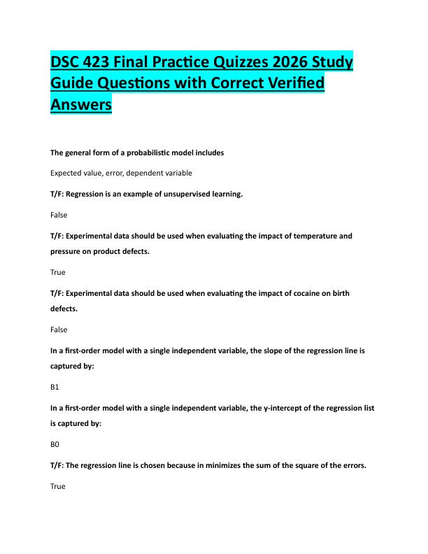 N102DSC 423 Final Practice Quizzes 2026 Study  Guide Questions with Correct Verified  Answers 