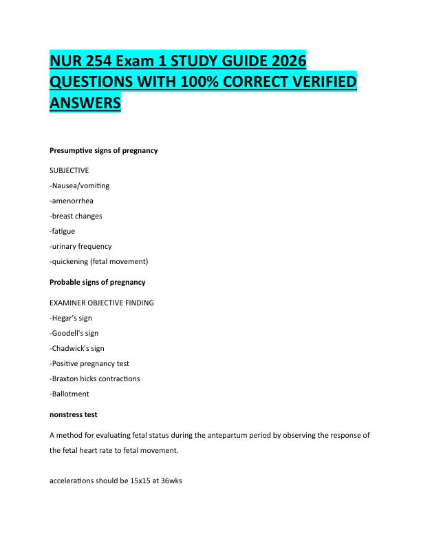 N91NUR 254 Exam 1 STUDY GUIDE 2026  QUESTIONS WITH 100% CORRECT VERIFIED  ANSWERS 