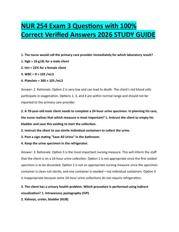 N93NUR 254 Exam 3 Questions with 100%  Correct Verified Answers 2026 STUDY GUIDE 