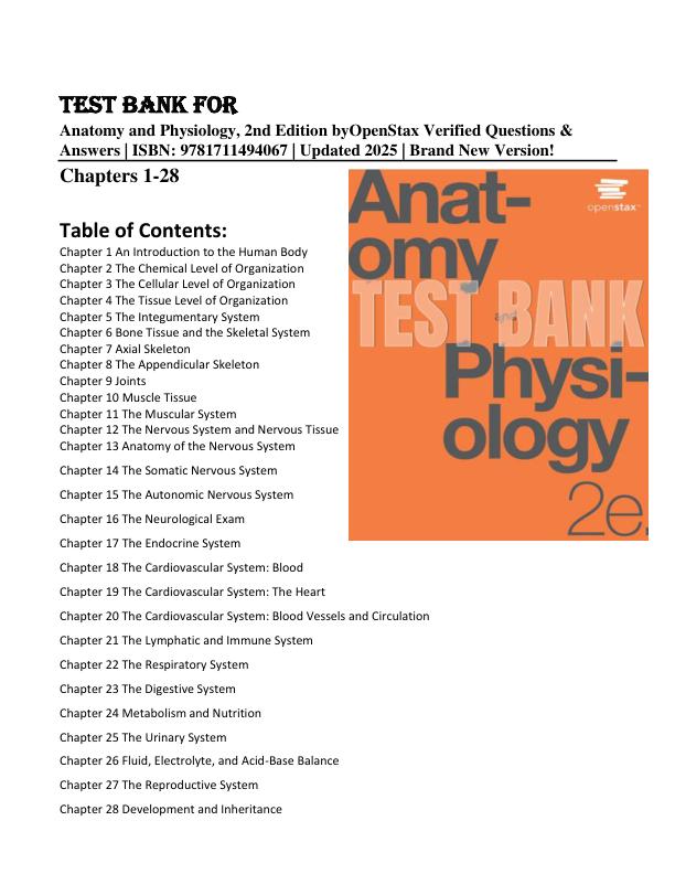 Test Bank for Anatomy and Physiology Openstax 2nd Edition Chapters 1-128 Covered Brand New 2025 Version