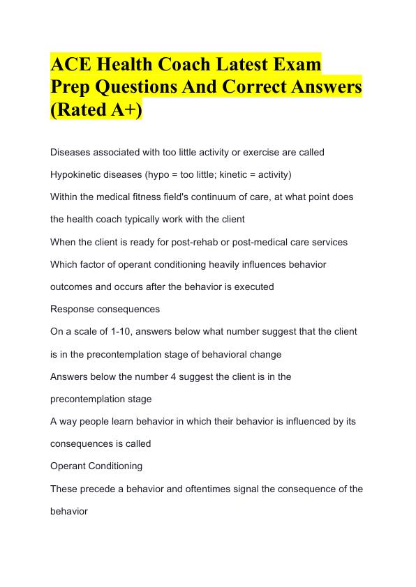 ACE Health Coach Latest Exam Prep Questions And Correct Answers (Rated A+)
