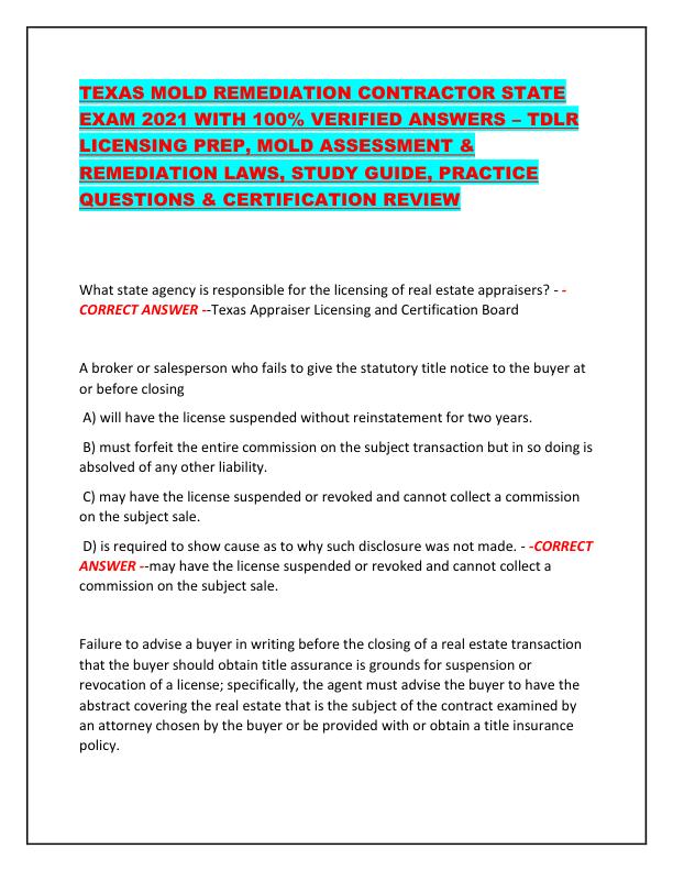 TEXAS MOLD REMEDIATION CONTRACTOR STATE EXAM 2021 WITH 100