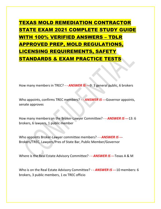 TEXAS MOLD REMEDIATION CONTRACTOR STATE EXAM 2021 COMPLETE STUDY GUIDE WITH 100