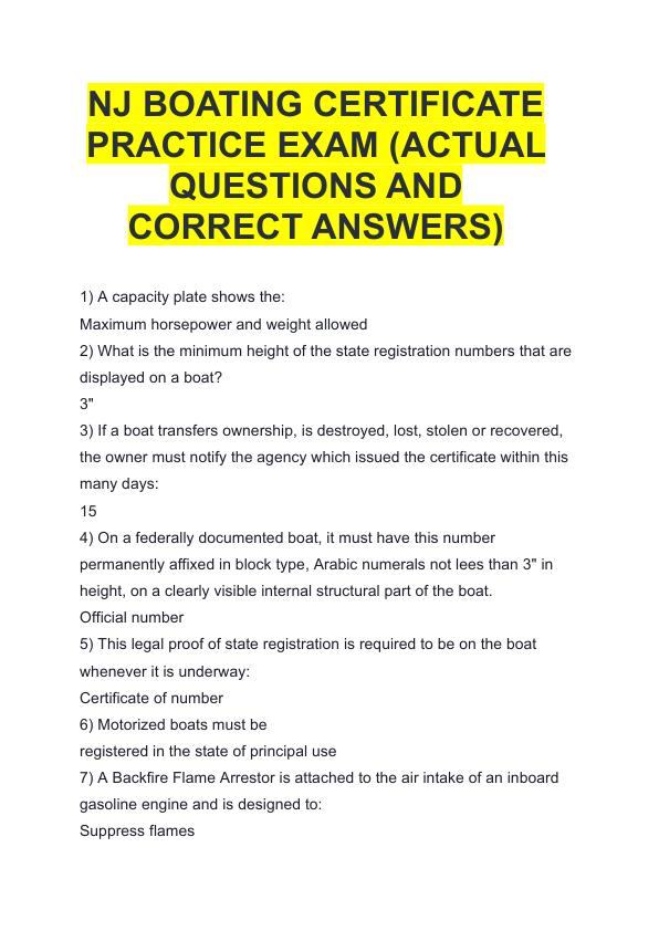 NJ BOATING CERTIFICATE PRACTICE EXAM (ACTUAL QUESTIONS AND CORRECT ANSWERS)