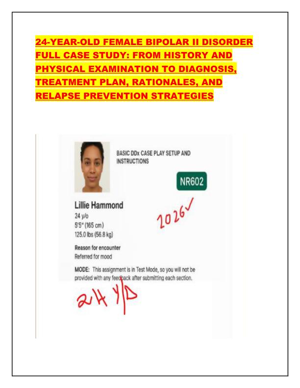 24-YEAR-OLD FEMALE BIPOLAR II DISORDER  FULL CASE STUDY: FROM HISTORY AND  PHYSICAL EXAMINATION TO DIAGNOSIS,  TREATMENT PLAN, RATIONALES, AND  RELAPSE PREVENTION STRATEGIES
