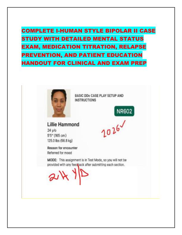 COMPLETE I-HUMAN STYLE BIPOLAR II CASE  STUDY WITH DETAILED MENTAL STATUS  EXAM, MEDICATION TITRATION, RELAPSE  PREVENTION, AND PATIENT EDUCATION  HANDOUT FOR CLINICAL AND EXAM PREP