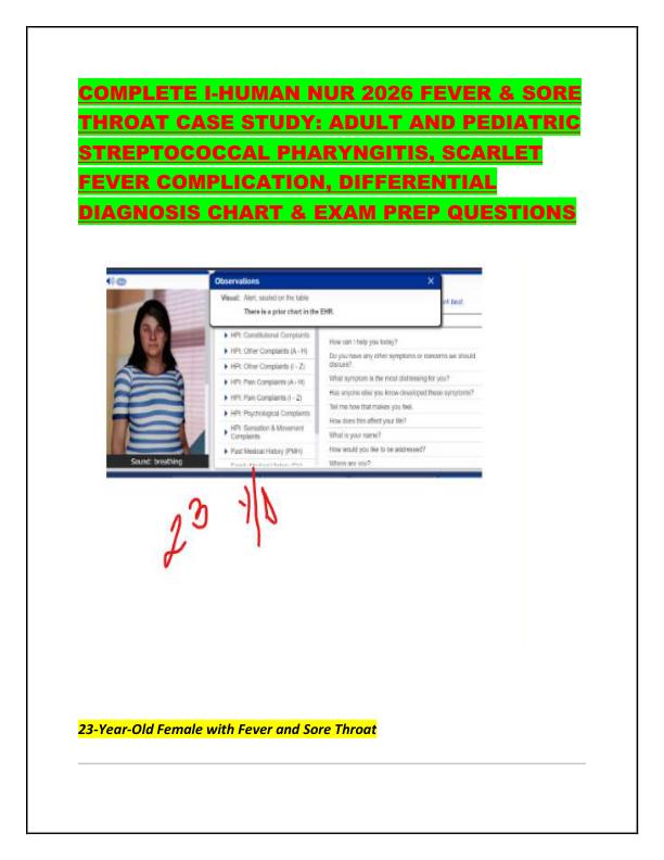 COMPLETE I-HUMAN NUR 2026 FEVER & SORE  THROAT CASE STUDY: ADULT AND PEDIATRIC  STREPTOCOCCAL PHARYNGITIS, SCARLET  FEVER COMPLICATION,