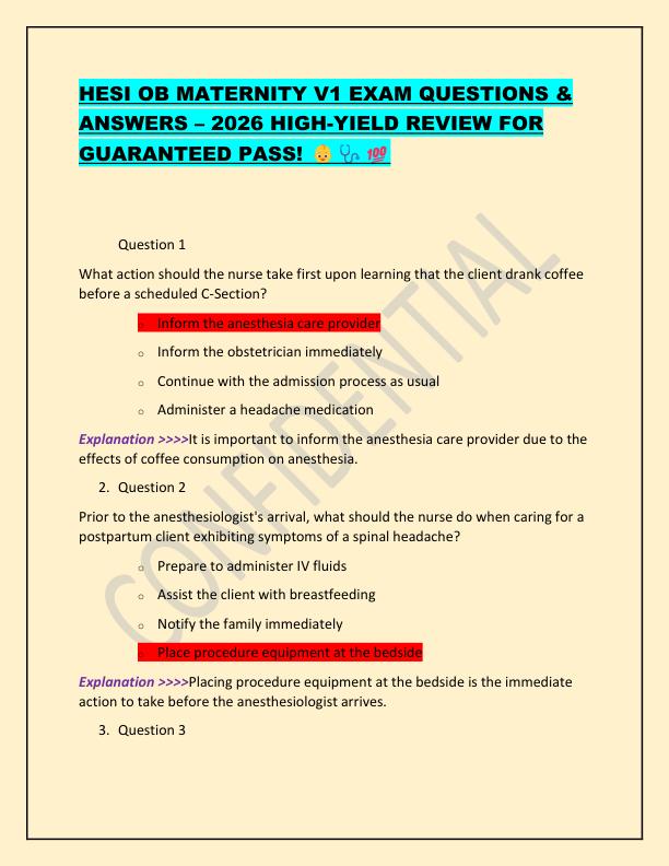 HESI OB MATERNITY V1 EXAM QUESTIONS
