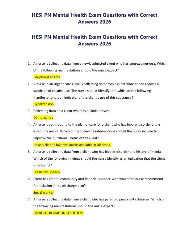 HESI PN Mental Health Exam Questions with Correct Answers 2026