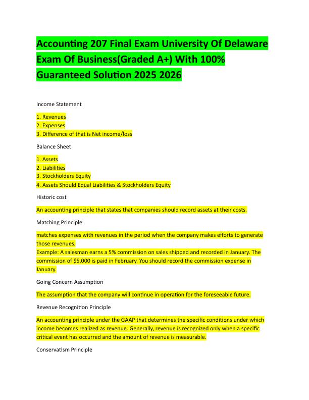 Accounting 207 Final Exam University Of Delaware  Exam Of Business(Graded A+) With 100% Guaranteed Solution 2025 2026