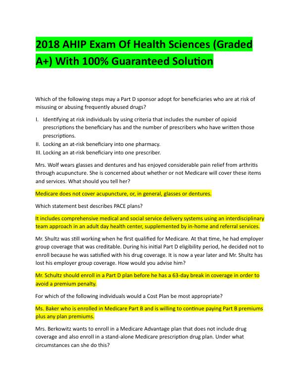 2018 AHIP Exam Of Health Sciences (Graded A+) With 100% Guaranteed Solution