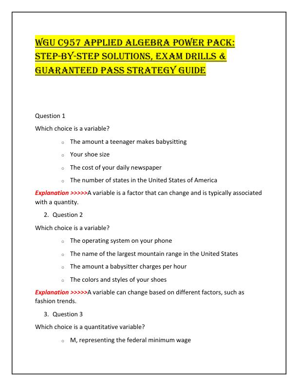 WGU C957 Applied Algebra Power Pack
