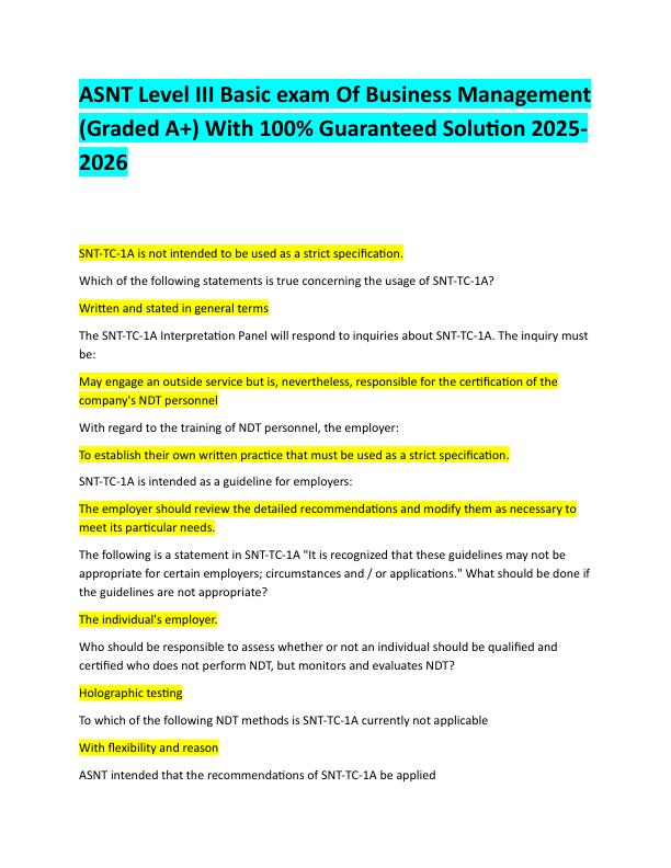 ASNT Level III Basic exam Of Business ManagementWith 100% Updated solutions For 2025-2026