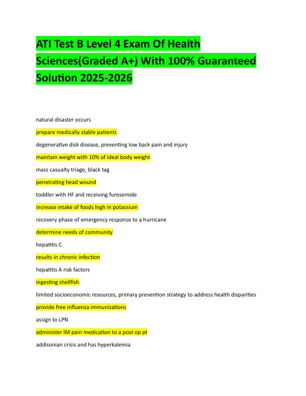 ATI Test B Level 4 Exam Of Health SciencesWith 100% Updated solutions For 2025-2026