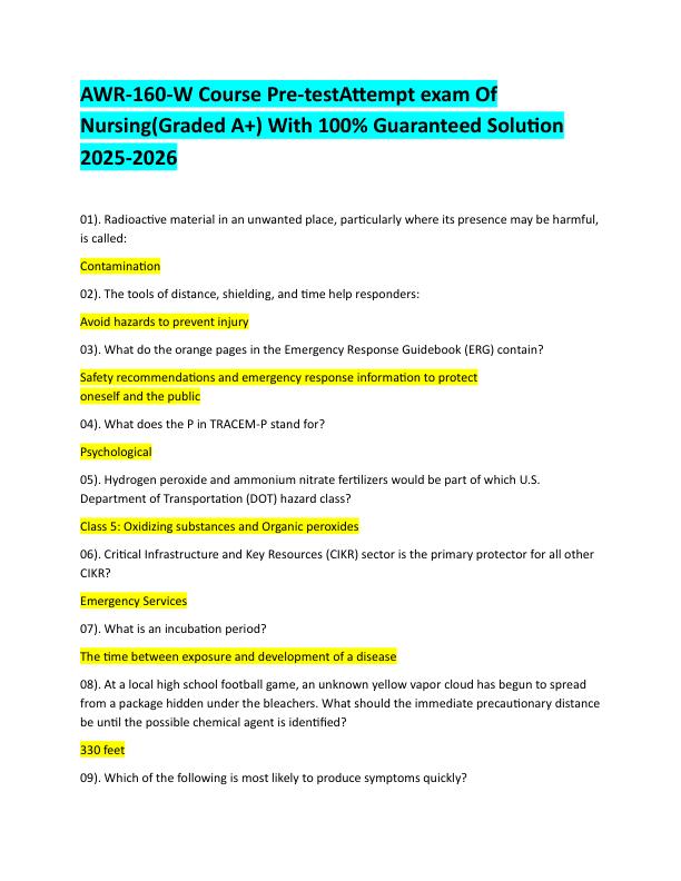 AWR-160-W Course Pre-testAttempt exam Of NursingWith 100% Updated solutions For 2025-2026