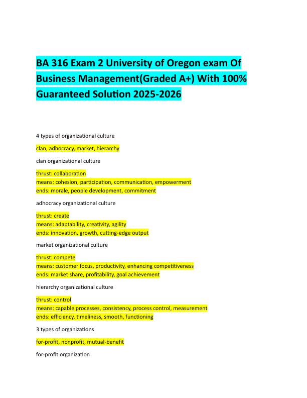 BA 316 Exam 2 University of Oregon exam Of  Business Management With 100% Updated solutions For 2025-2026