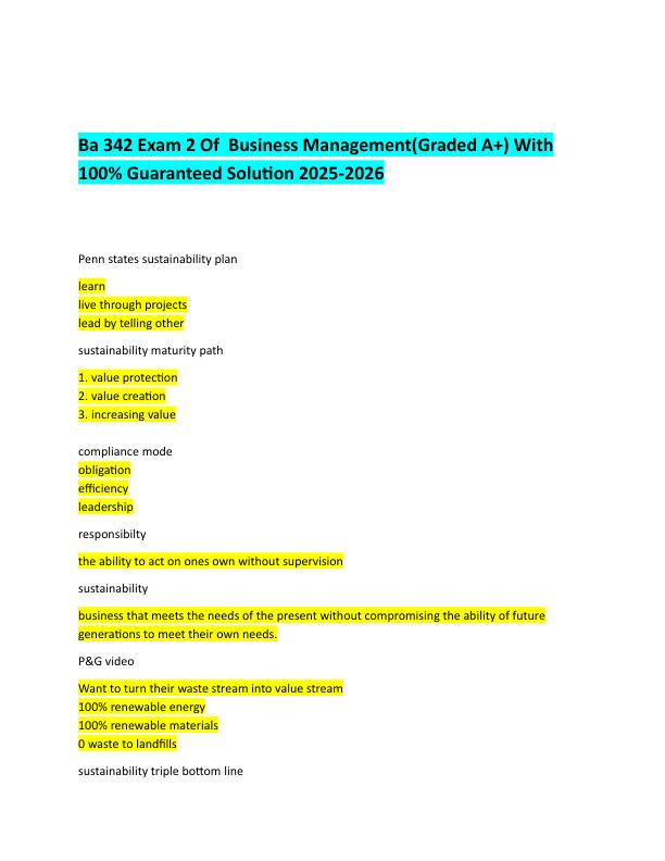 Ba 342 Exam 2 Of  Business Management With 100% Updated solutions For 2025-2026