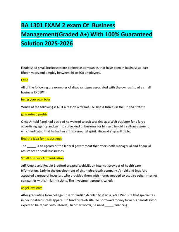 BA 1301 EXAM 2 exam Of  Business Managemen With 100% Updated solutions For 2025-2026