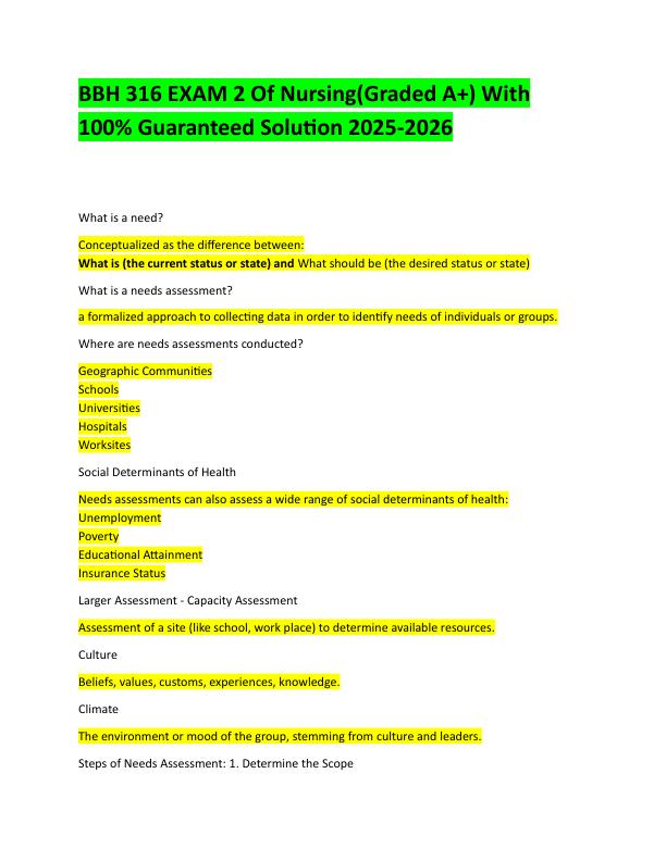 BBH 316 EXAM 2 Of Nursing With 100% Updated solutions For 2025-2026