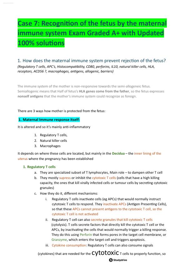 BBS1005_Case 7_Fetus recognition by maternal immune system.Exam Graded A+ with Updated  100% solutions